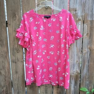 Lane Bryant Plus Size 18 Pink Floral Ruffle Sleeve Top